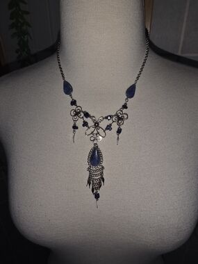 Handcrafted Silver-Tone Necklace with Navy Teardrop Accents
